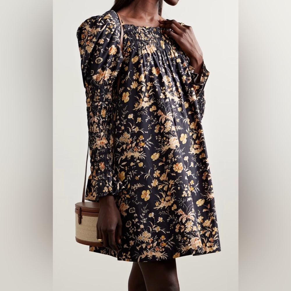 DOEN Sabia Shirred Floral Print Organic Cotton Mini Dress Black Size Medium